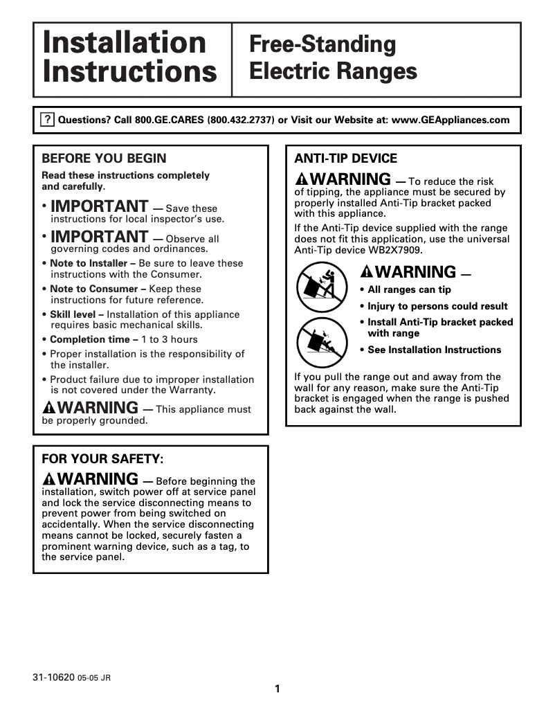 Page 1 de la notice Guide d'installation GE JBP81TKWW
