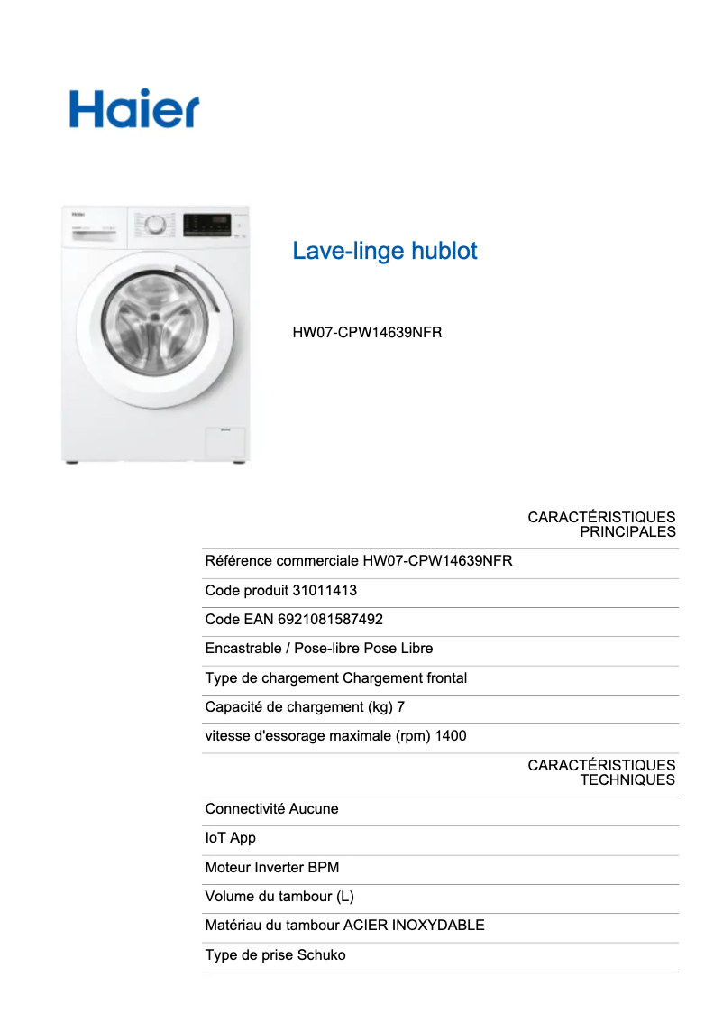 Page 1 de la notice Label énergétique Haier HW07-CPW14639N