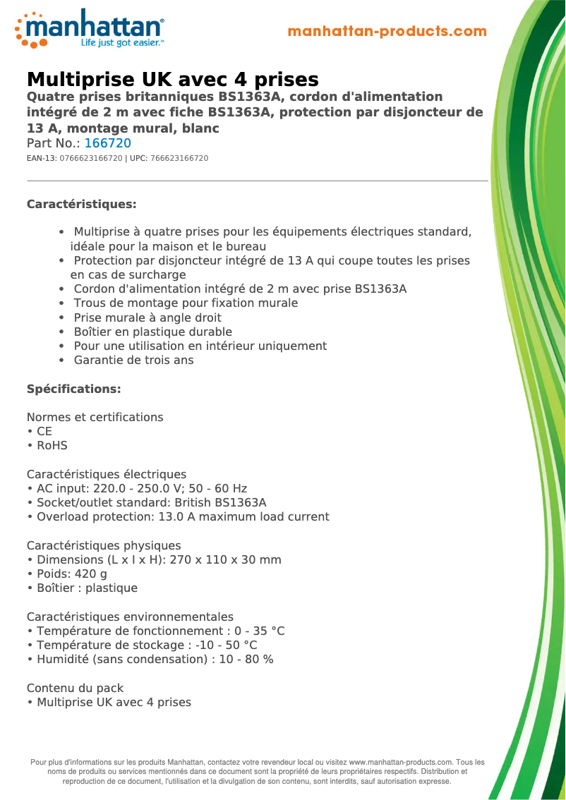 Page 1 de la notice Fiche technique Manhattan 166720
