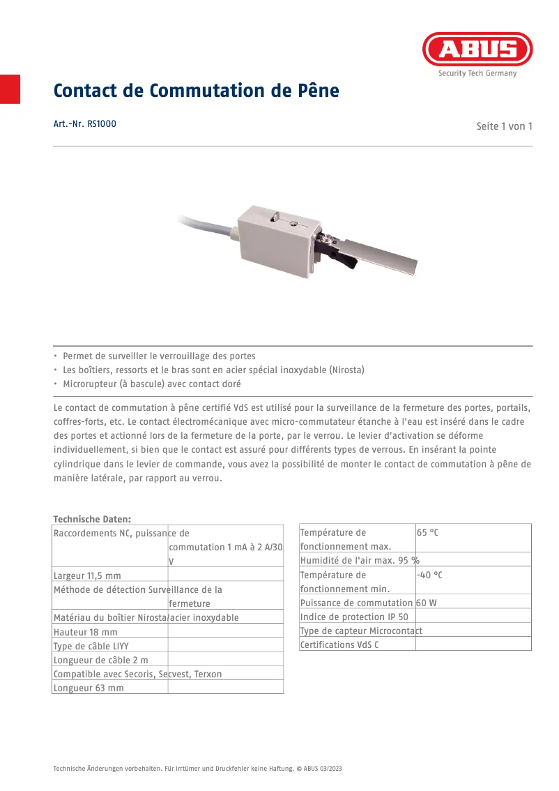 Page 1 de la notice Fiche technique Abus RS1000