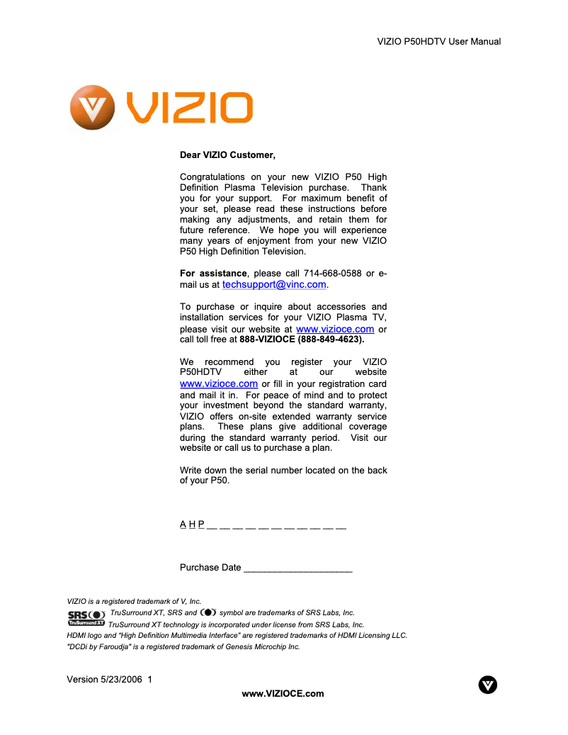 Page 1 de la notice Manuel utilisateur VIZIO P50HDTV10A