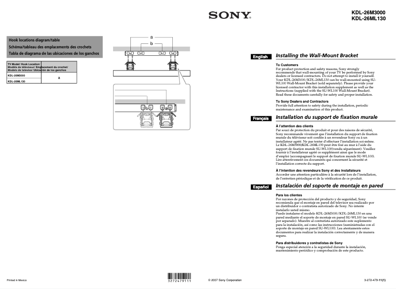 Page n°1 - Guide d'installation Sony Bravia KDL-26ML130