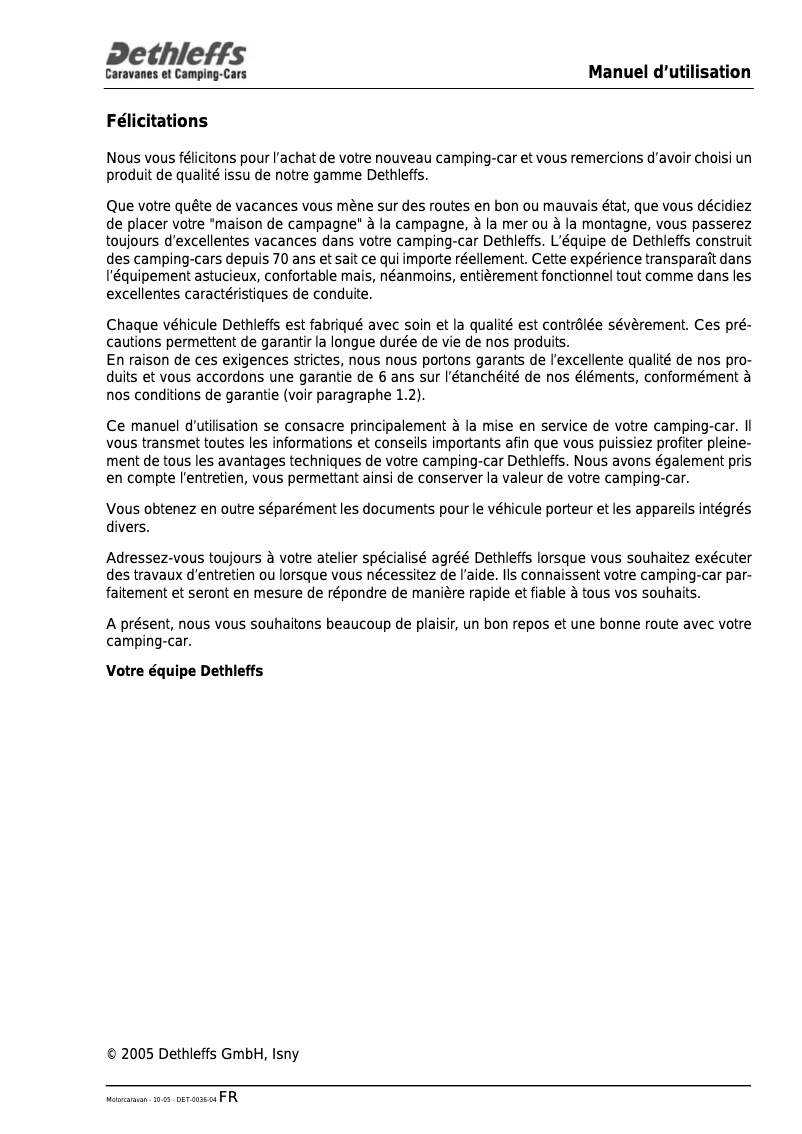 Page n°1 - Manuel utilisateur Dethleffs Motorhome (2006)
