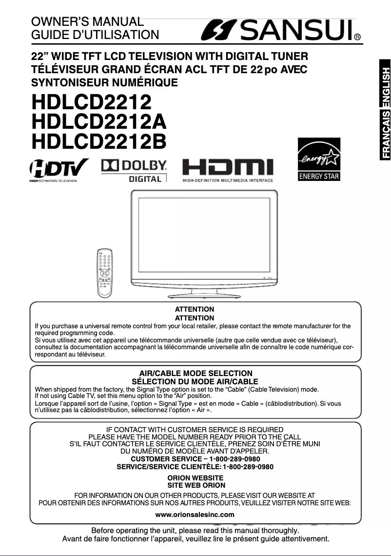 Image de la première page du manuel de l'appareil HDLCD2212