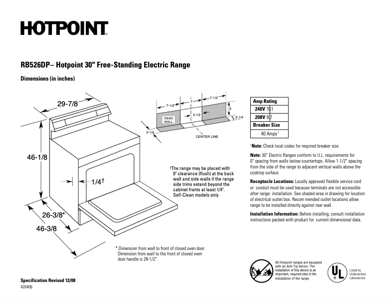 Page 1 de la notice Fiche technique Hotpoint RB526DPBB