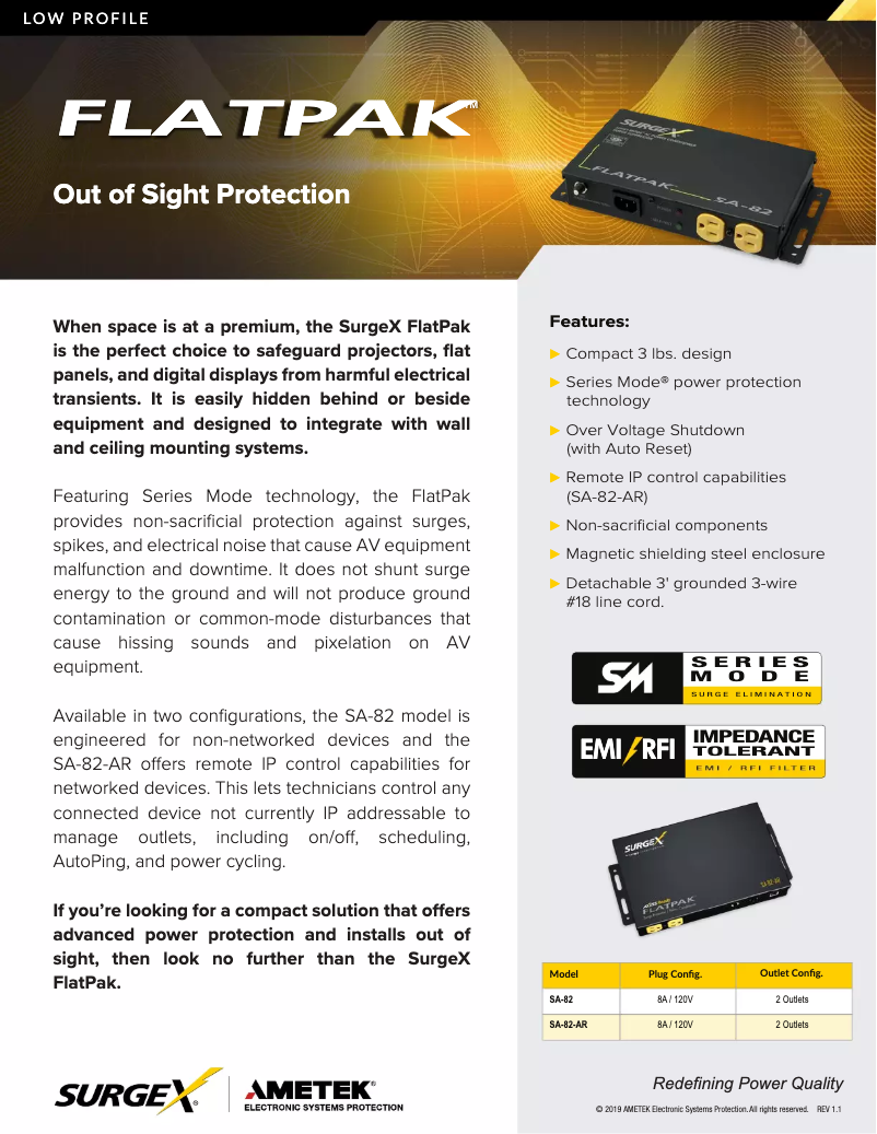 Page 1 de la notice Fiche technique SurgeX SA-82