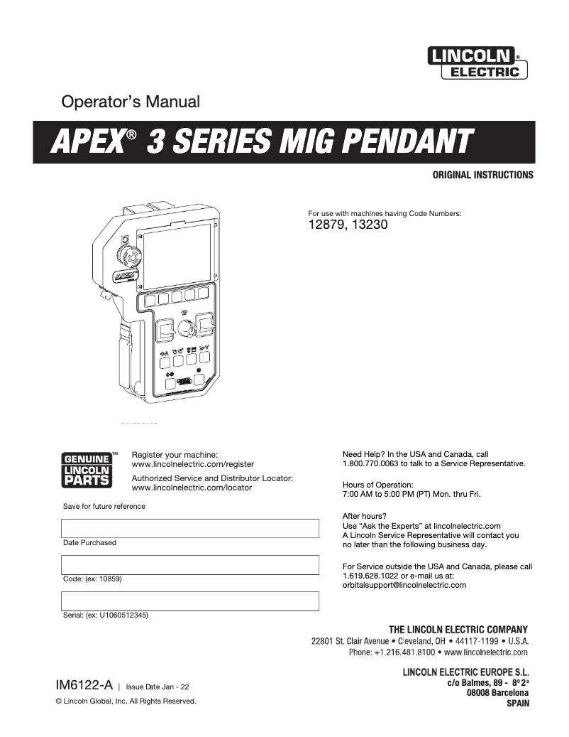 Page n°1 - Manuel utilisateur Lincoln Electric APEX 3 Series MIG Pendant