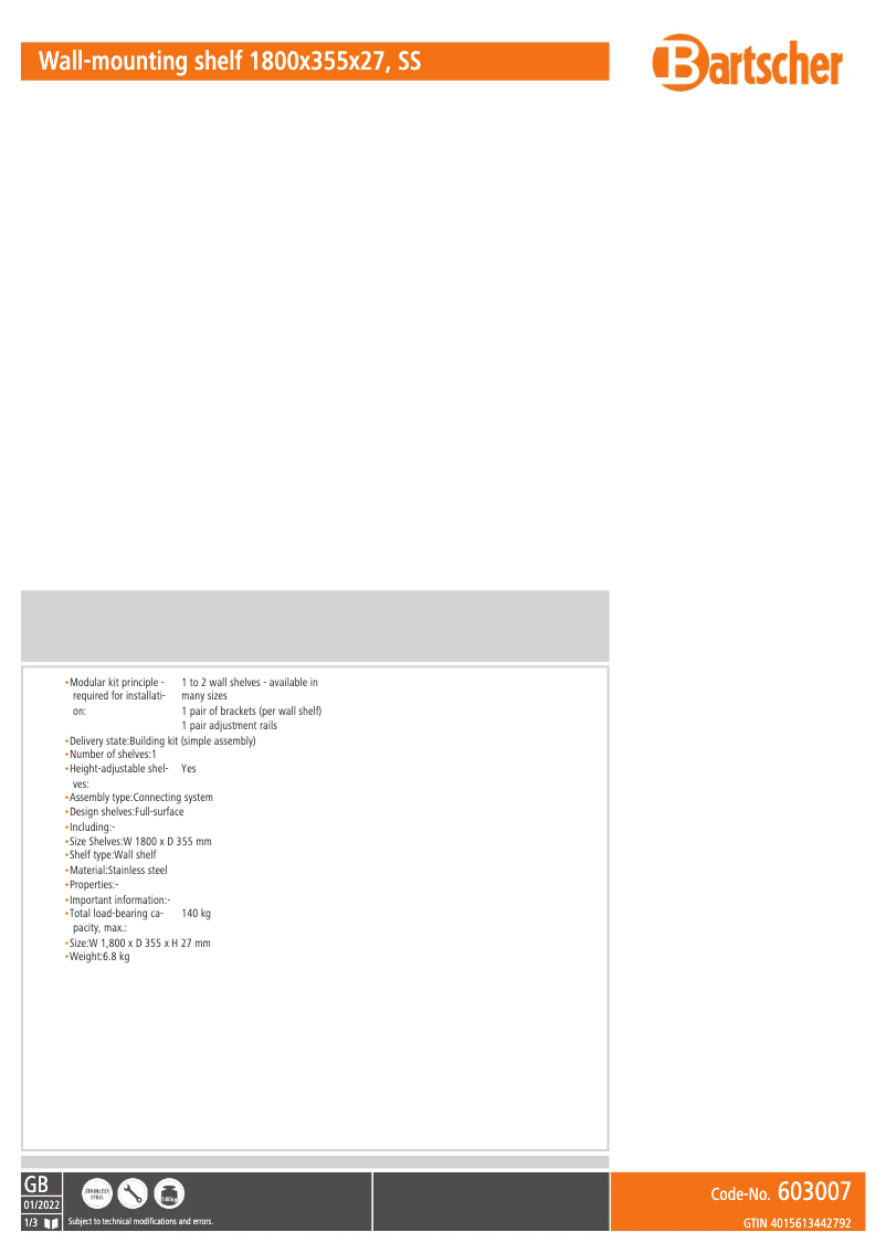 Page 1 de la notice Fiche technique Bartscher 603007