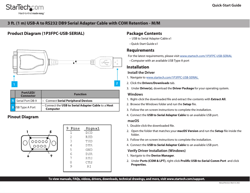 Page 1 de la notice Manuel utilisateur StarTech.com 1P3FPC-USB-SERIAL