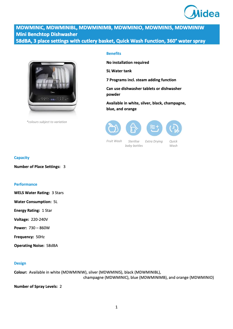 Page 1 de la notice Fiche technique Midea MDWMINIBL