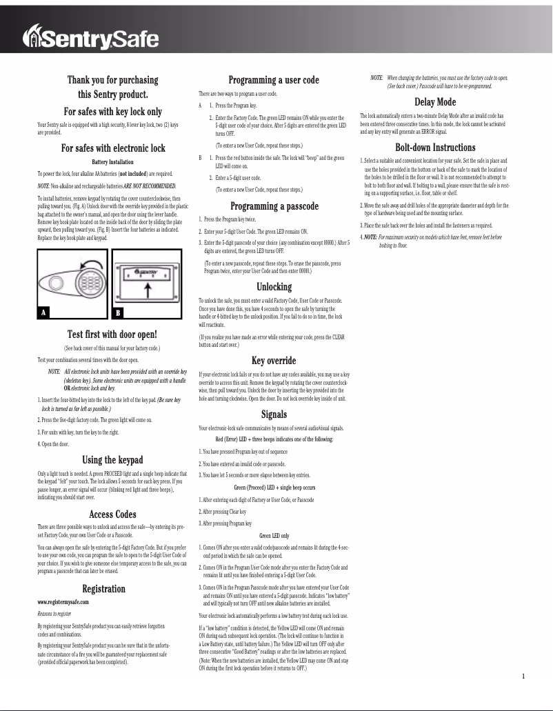 Page 1 de la notice Manuel utilisateur SentrySafe T6-3L1