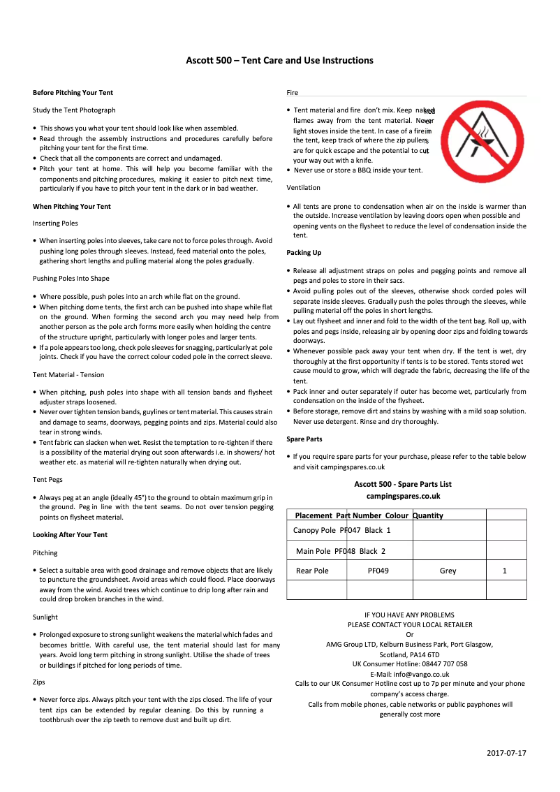 Page 1 de la notice Manuel utilisateur Vango Ascott 500