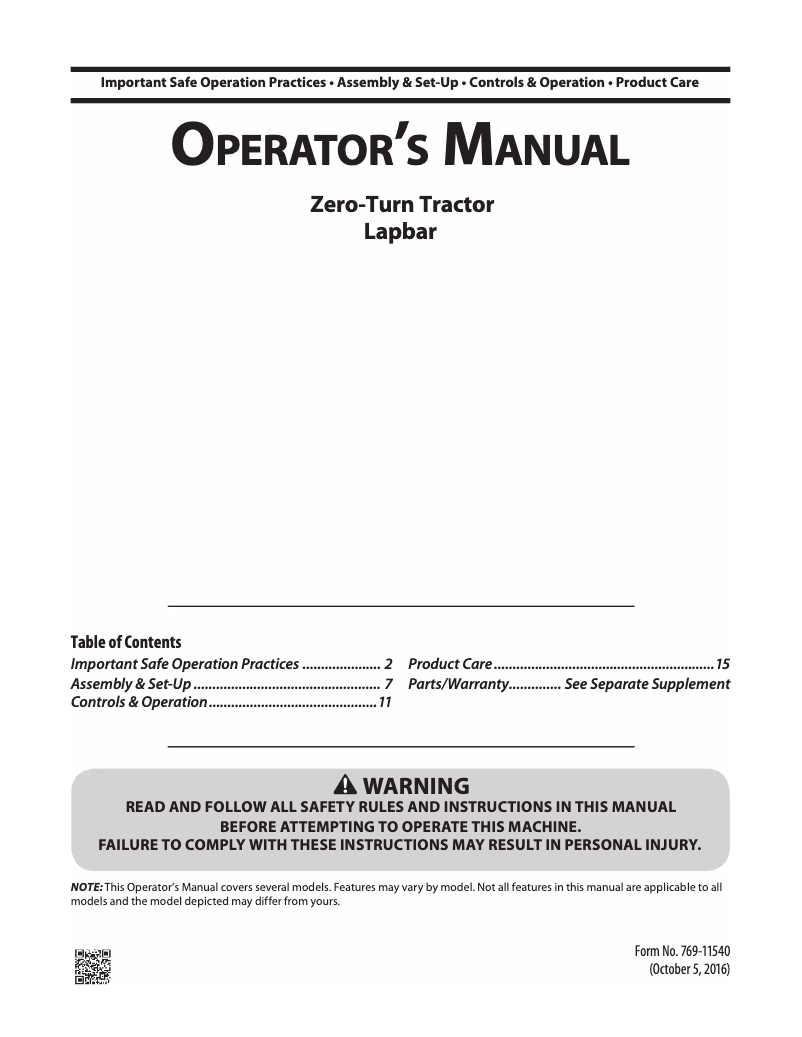 Page 1 de la notice Manuel utilisateur Troy-Bilt Mustang 42 XP