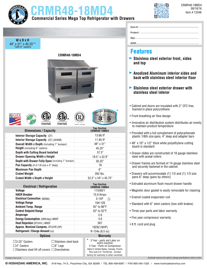 Page 1 de la notice Fiche technique Hoshizaki CRMR48-18MD4