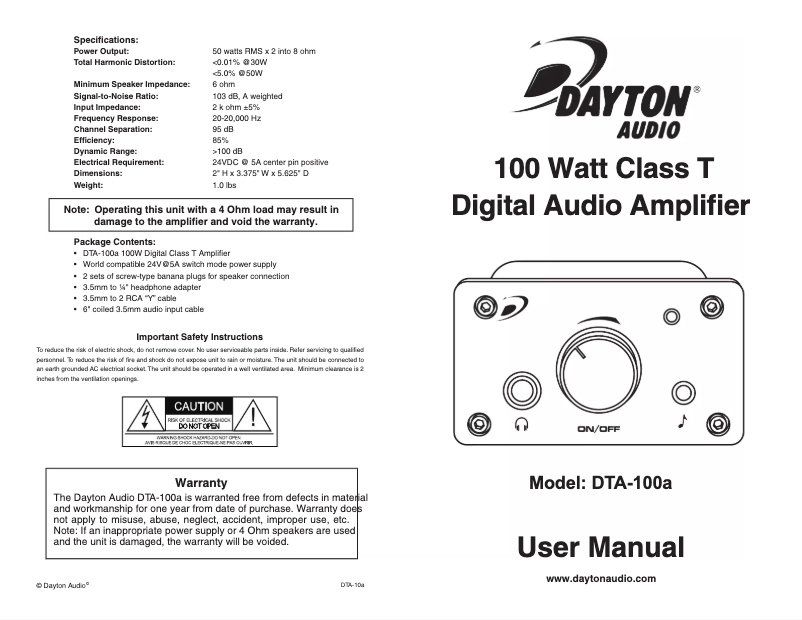 Page 1 de la notice Manuel utilisateur Dayton Audio DTA-100a