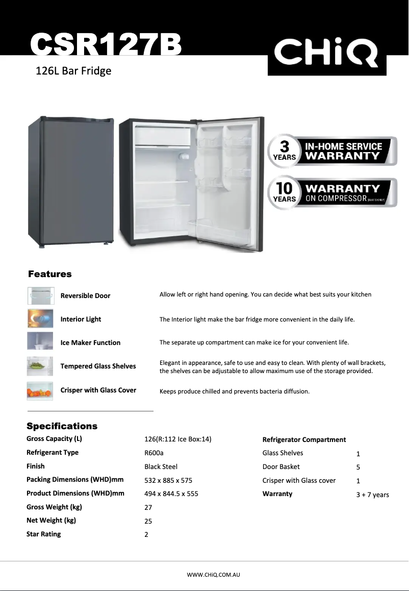Page 1 de la notice Fiche technique CHiQ CSR127B