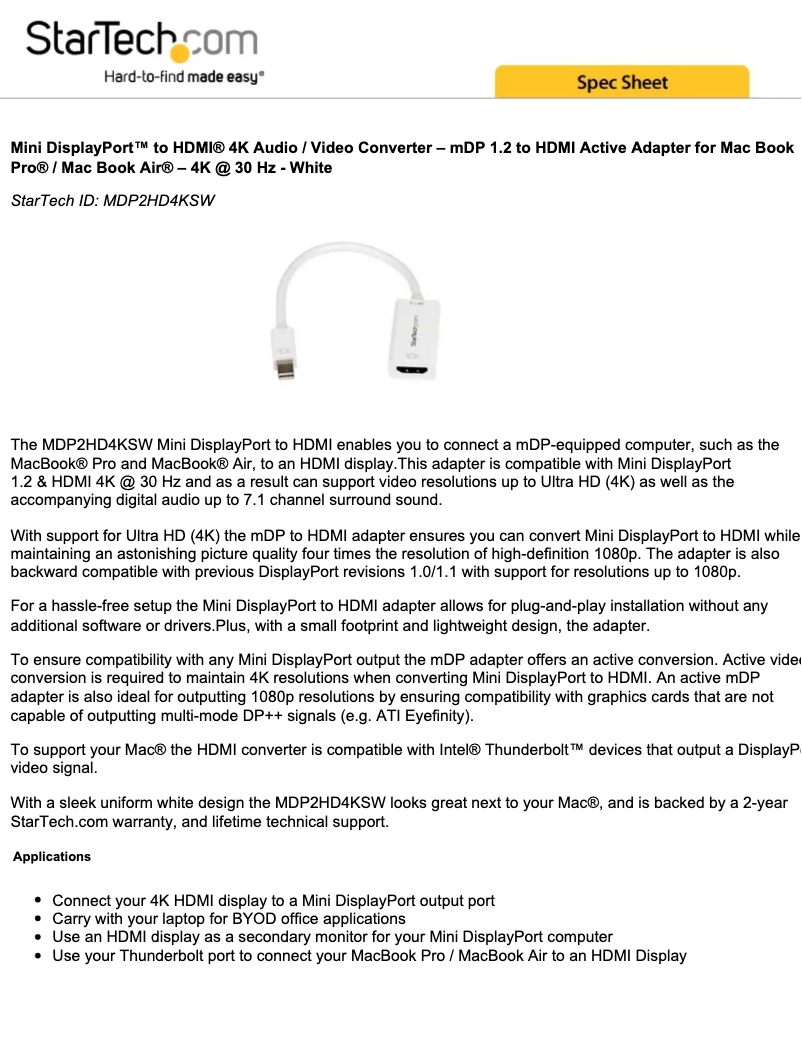 Page 1 de la notice Manuel utilisateur StarTech.com MDP2HD4KSW