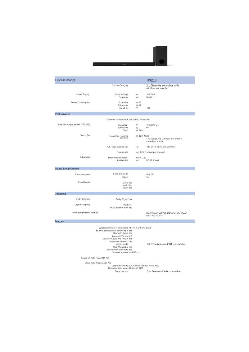 Page 1 de la notice Fiche technique Hisense HS218