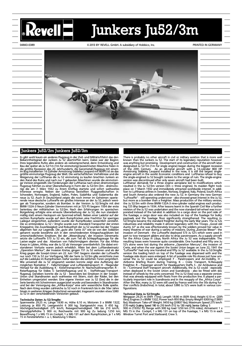 Page 1 de la notice Manuel utilisateur Revell Junkers Ju52/3m