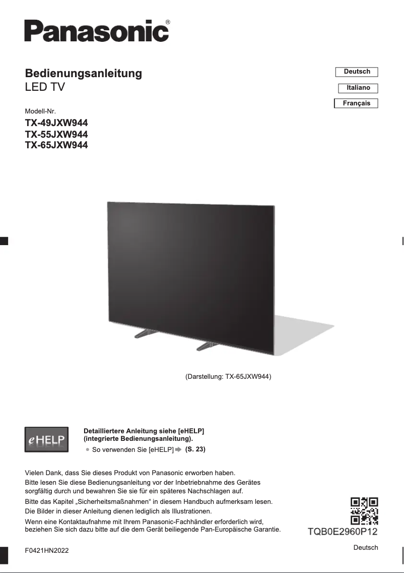 Page 1 de la notice Guide de démarrage rapide Panasonic TX-49JXW944