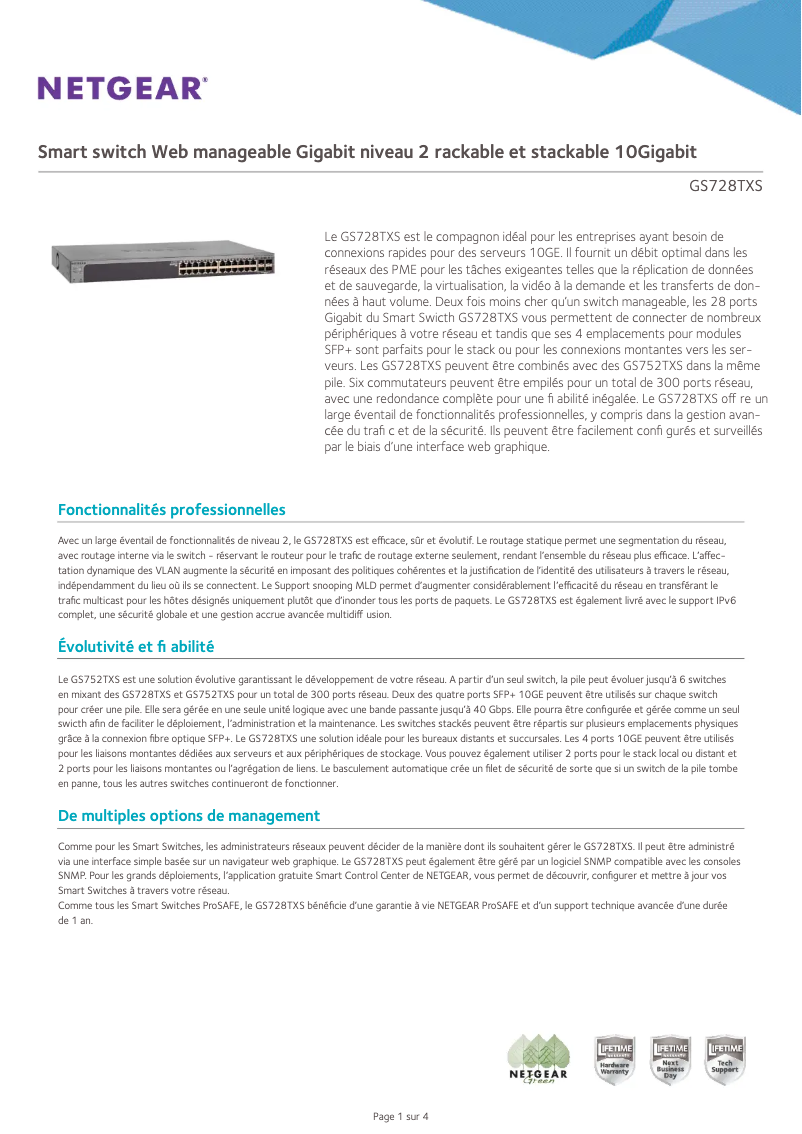 Page 1 de la notice Fiche technique Netgear ProSafe GS728TXS