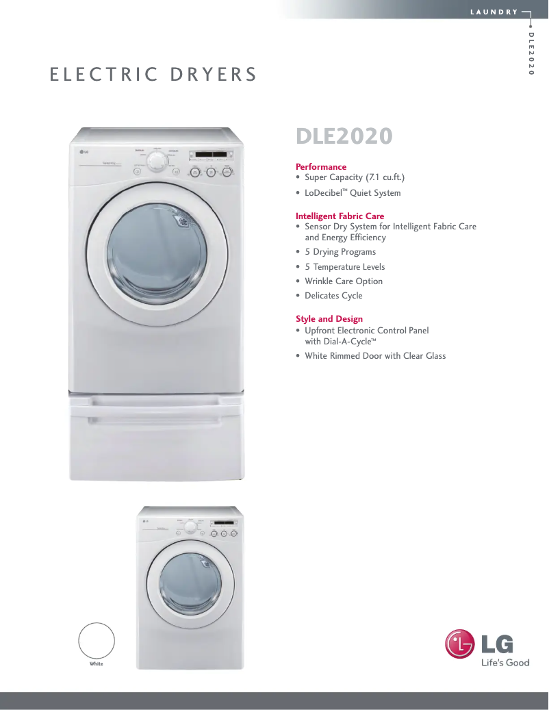 Page 1 de la notice Fiche technique LG DLE2020W