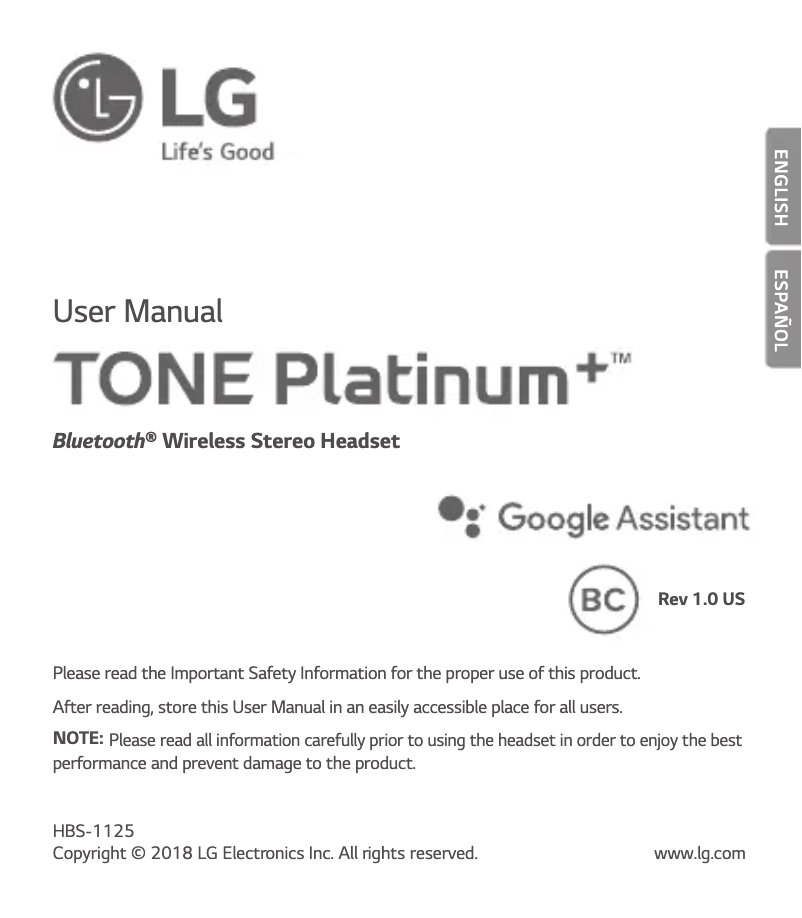 Image de la première page du manuel de l'appareil Tone Platinum+ HBS-1125