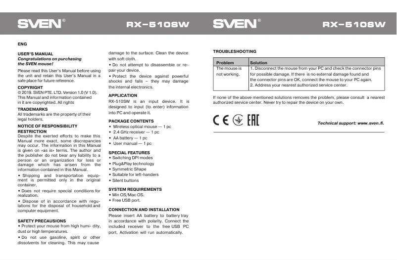 Page n°1 - Manuel utilisateur Sven RX-510SW