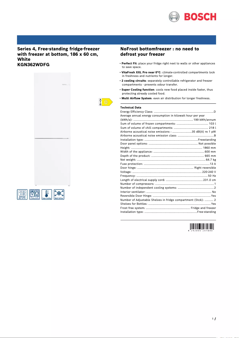 Página 1 del manual Ficha técnica Bosch KGN362WDFG