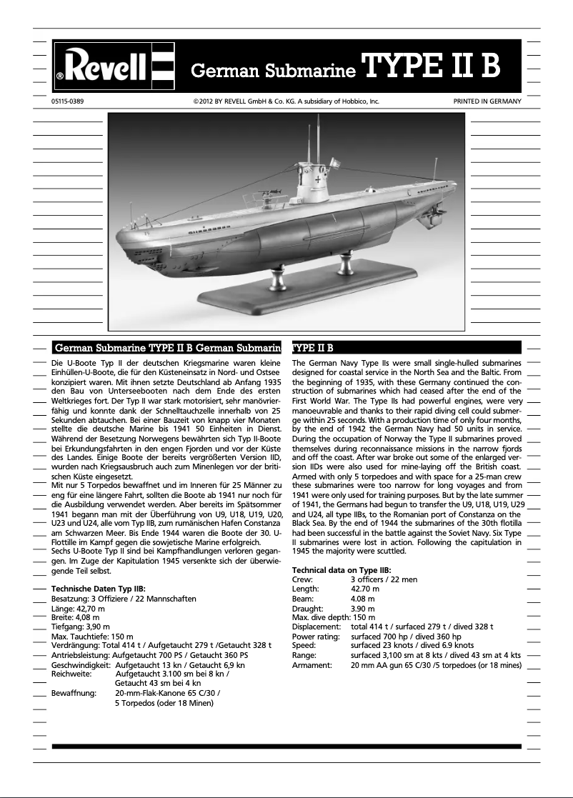 Page 1 de la notice Manuel utilisateur Revell U-boat Type IIB