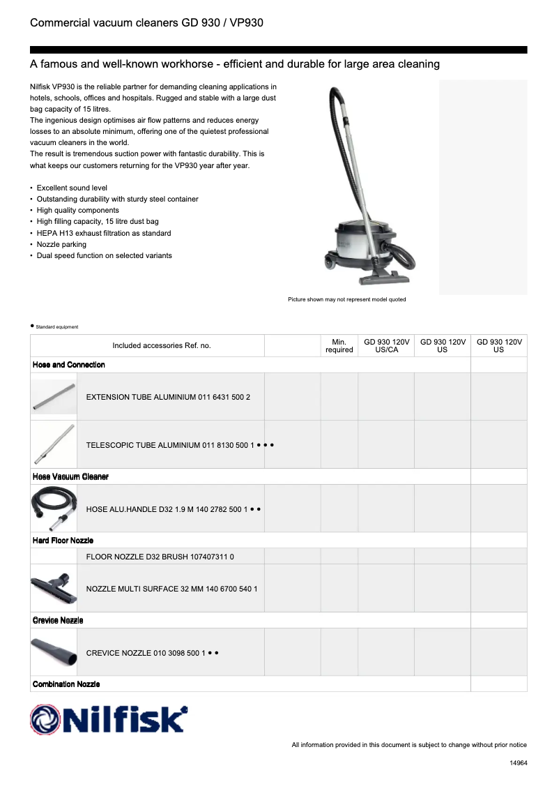 Page 1 de la notice Fiche technique Nilfisk VP930