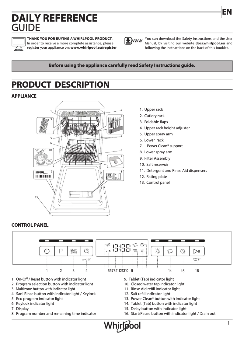 Page 1 de la notice Manuel utilisateur Whirlpool WSFO 3O23 PF X