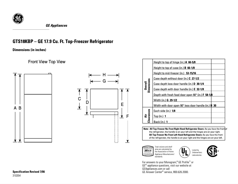 Page 1 de la notice Fiche technique GE GTS18KBPBB