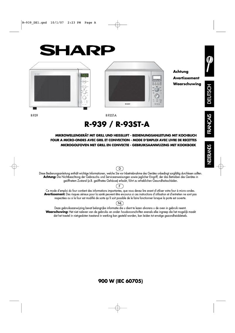 Page 1 de la notice Manuel utilisateur Sharp R-939
