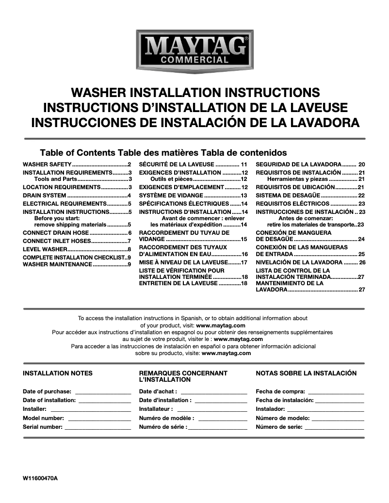 Page n°1 - Guide d'installation Maytag MVWP586GW