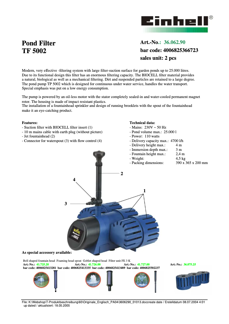 Page 1 de la notice Fiche technique Einhell TF 5002