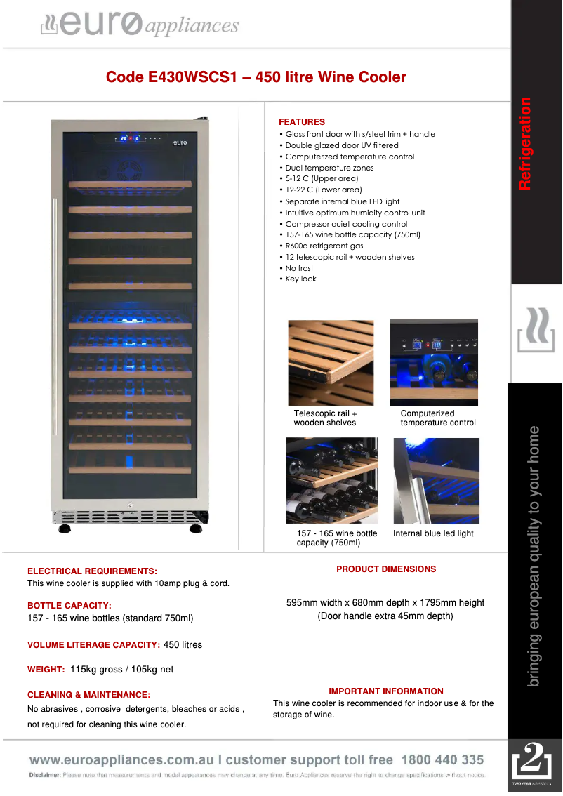Page 1 de la notice Fiche technique Euro Appliances E430WSCS1