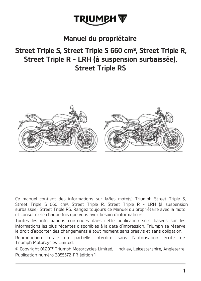 Page 1 de la notice Manuel utilisateur Triumph Street Triple R - LRH (2018)
