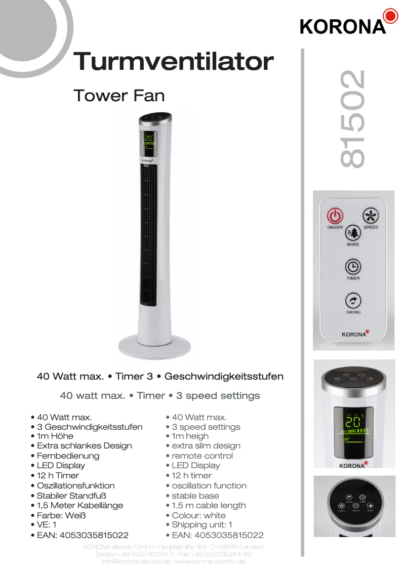 Page n°1 - Fiche technique Korona 81502
