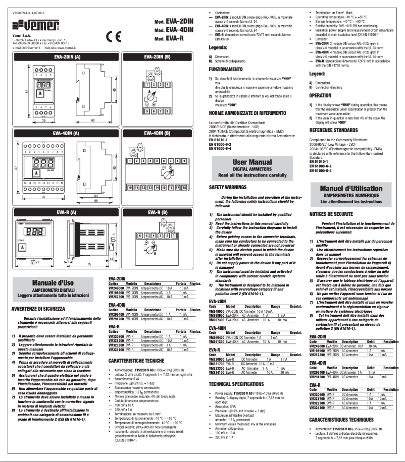 Page n°1 - Manuel utilisateur Vemer EVA-R