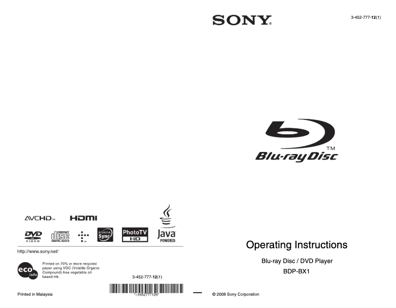 Page 1 de la notice Manuel utilisateur Sony BDP-BX1