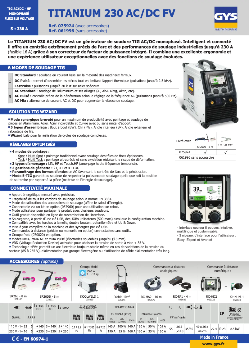 Page 1 de la notice Fiche technique GYS Titanium 230 AC/DC