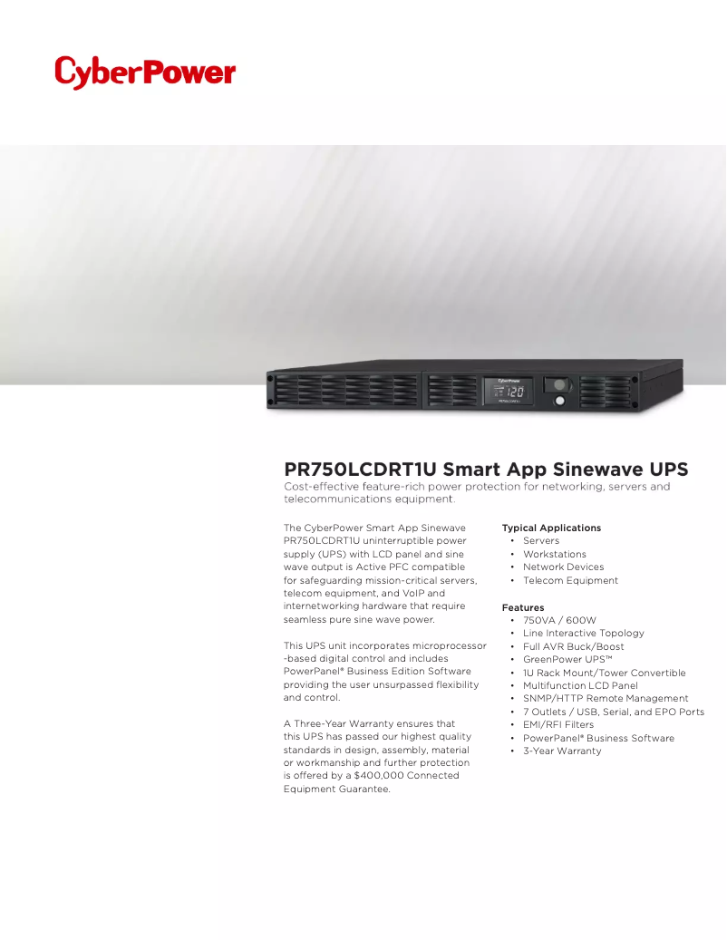 Página 1 del manual Ficha técnica CyberPower PR750LCDRT1U