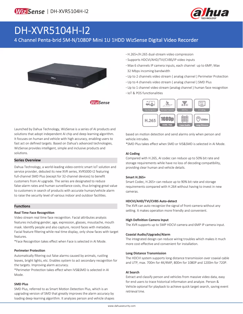 Page n°1 - Fiche technique Dahua Technology XVR5104H-I2