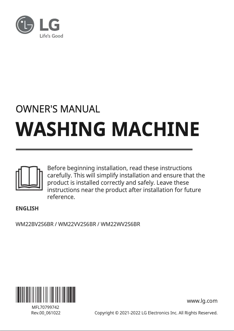 Page 1 de la notice Manuel utilisateur LG WM22BV2S6BR