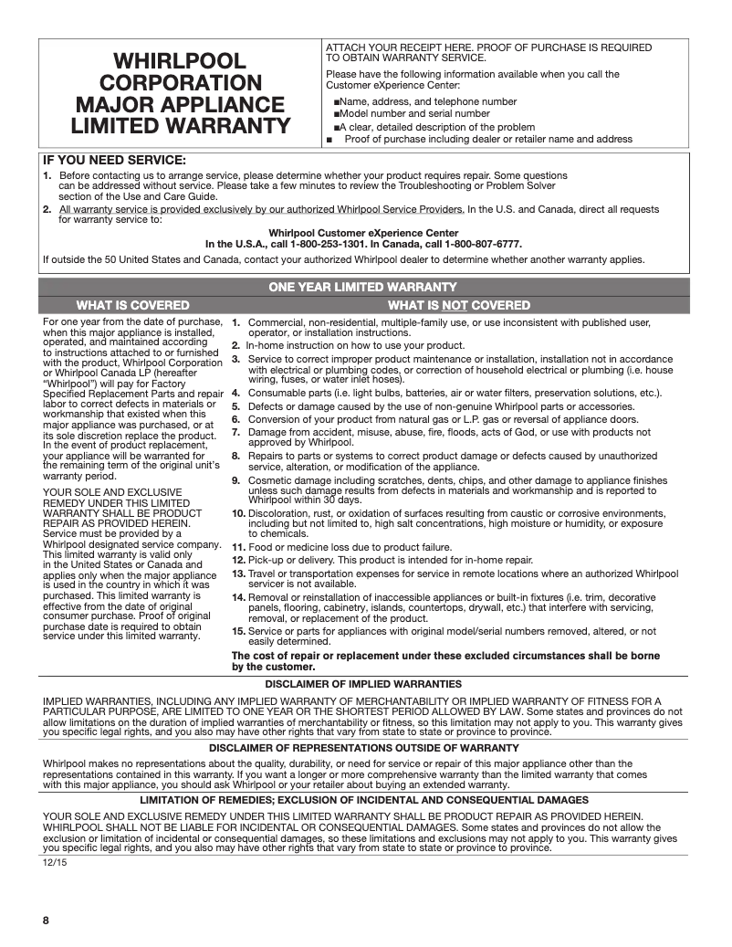 Page n°1 - Informations de garantie JennAir UDT518SAFP