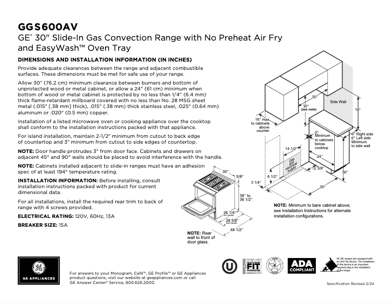 Page 1 of the manual Technical Sheet GE GGS600AVWW