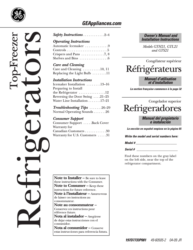 Page 1 de la notice Manuel d'utilisation et d'entretien GE GTL21KCXBS