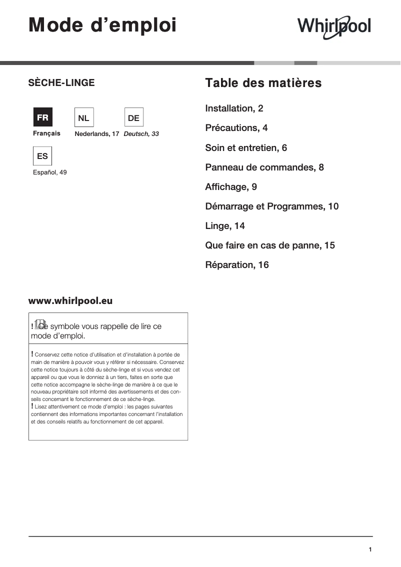 Page 1 de la notice Mode d'emploi Whirlpool WTD 850B W EU