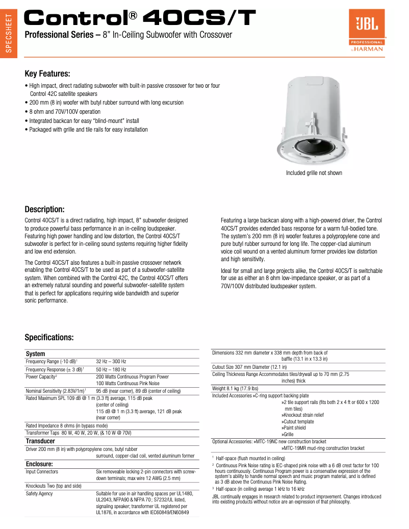 Page 1 de la notice Fiche technique JBL Control 40CS/T